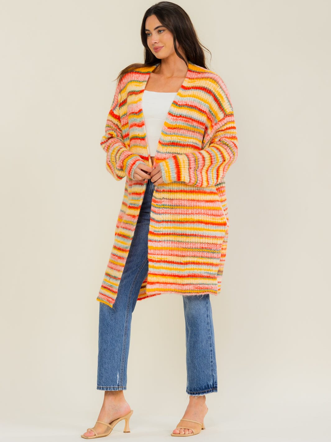 WOMEN'S LONG SLEEVE OPEN FRONT POCKETS MULTI STRIPES CARDIGAN