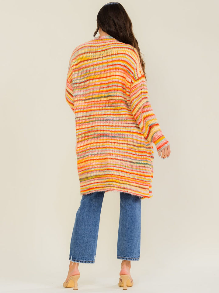 WOMEN'S LONG SLEEVE OPEN FRONT POCKETS MULTI STRIPES CARDIGAN