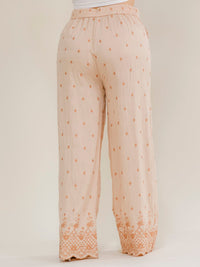 PLUS SIZE ELASTIC WAIST FRONT POCKETS EMBROIDERY WIDE LEG PANTS