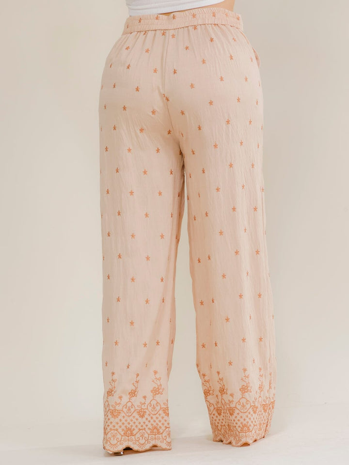 PLUS SIZE ELASTIC WAIST FRONT POCKETS EMBROIDERY WIDE LEG PANTS