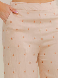 PLUS SIZE ELASTIC WAIST FRONT POCKETS EMBROIDERY WIDE LEG PANTS