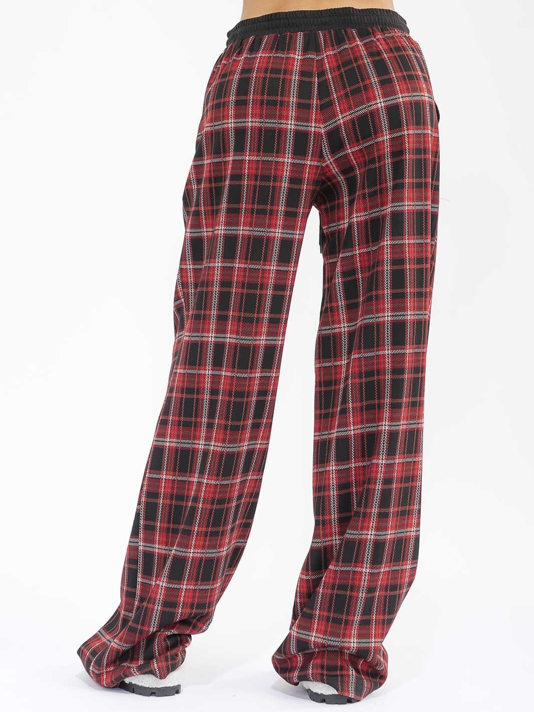 WOMEN'S ELASTIC WAIST SELF TIE POCKETS WIDE LEG PLAID PANTS