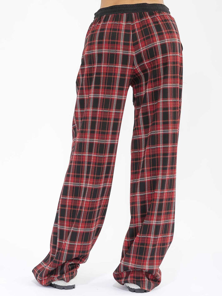 WOMEN'S ELASTIC WAIST SELF TIE POCKETS WIDE LEG PLAID PANTS