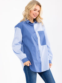 WOMEN'S LONG SLEEVE BUTTON UP FRONT POCKET COLORBLOCK SHIRT