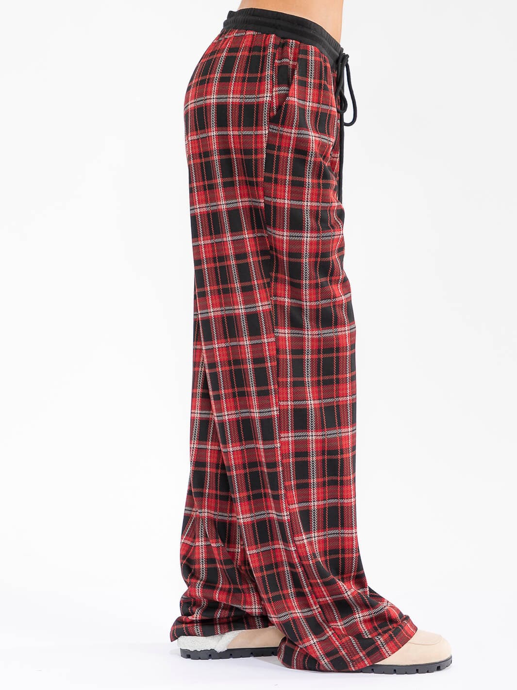 WOMEN'S ELASTIC WAIST SELF TIE POCKETS WIDE LEG PLAID PANTS