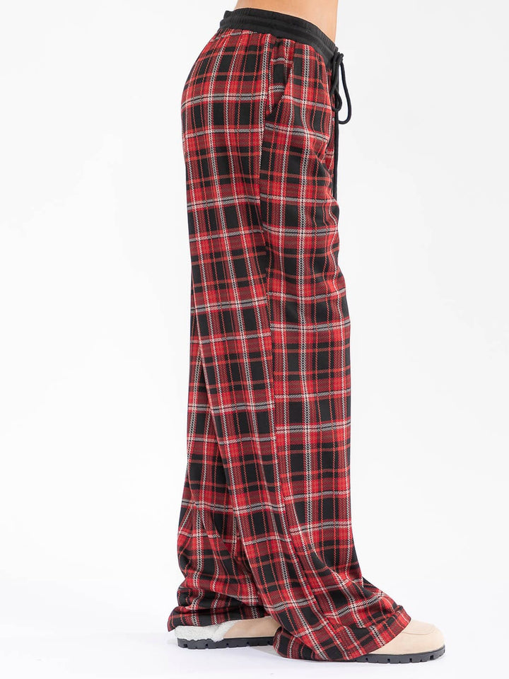 WOMEN'S ELASTIC WAIST SELF TIE POCKETS WIDE LEG PLAID PANTS