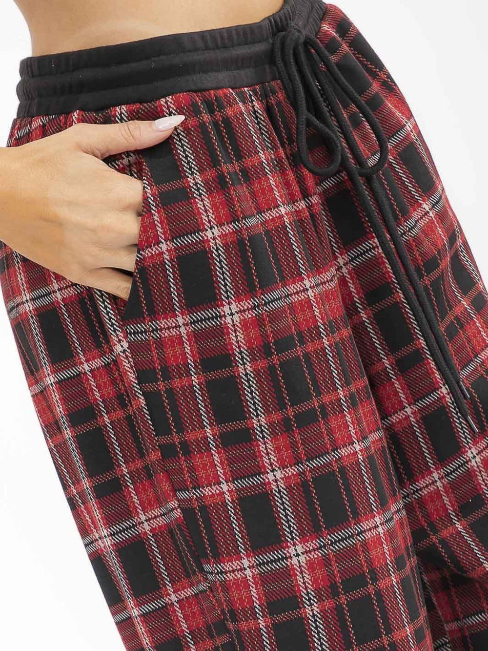 WOMEN'S ELASTIC WAIST SELF TIE POCKETS WIDE LEG PLAID PANTS
