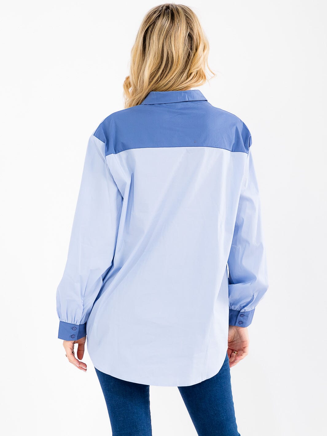 WOMEN'S LONG SLEEVE BUTTON UP FRONT POCKET COLORBLOCK SHIRT
