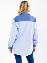 WOMEN'S LONG SLEEVE BUTTON UP FRONT POCKET COLORBLOCK SHIRT