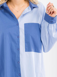 WOMEN'S LONG SLEEVE BUTTON UP FRONT POCKET COLORBLOCK SHIRT
