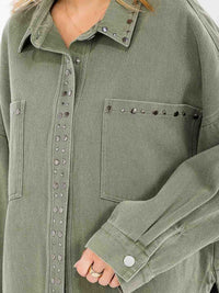 WOMEN'S LONG SLEEVE BUTTON UP FRONT POCKET STUDS DENIM SHACKET