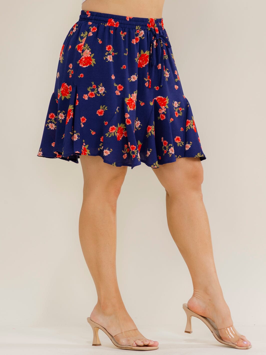PLUS SIZE ELASTIC WAIST FIT & FLARE FLORAL PRINT MINI SKIRT