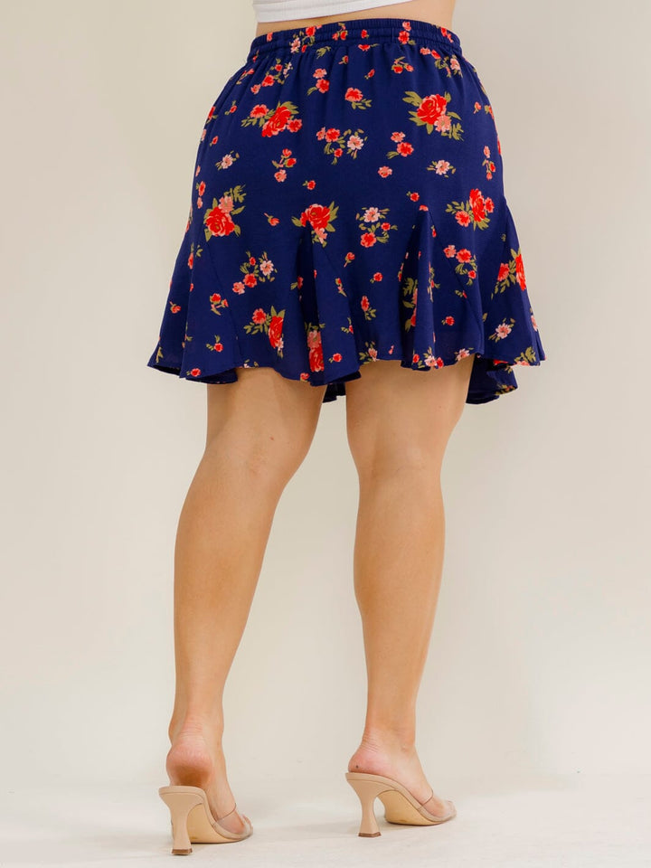PLUS SIZE ELASTIC WAIST FIT & FLARE FLORAL PRINT MINI SKIRT