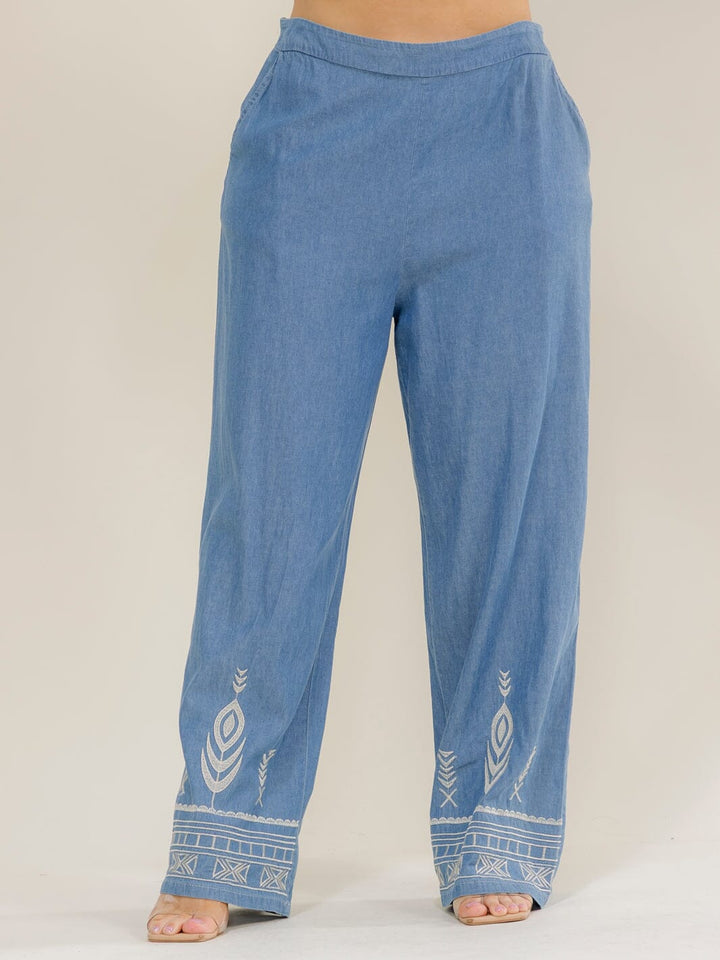 PLUS SIZE ELASTIC WAIST FRONT POCKETS EMBROIDERY WIDE LEG PANTS