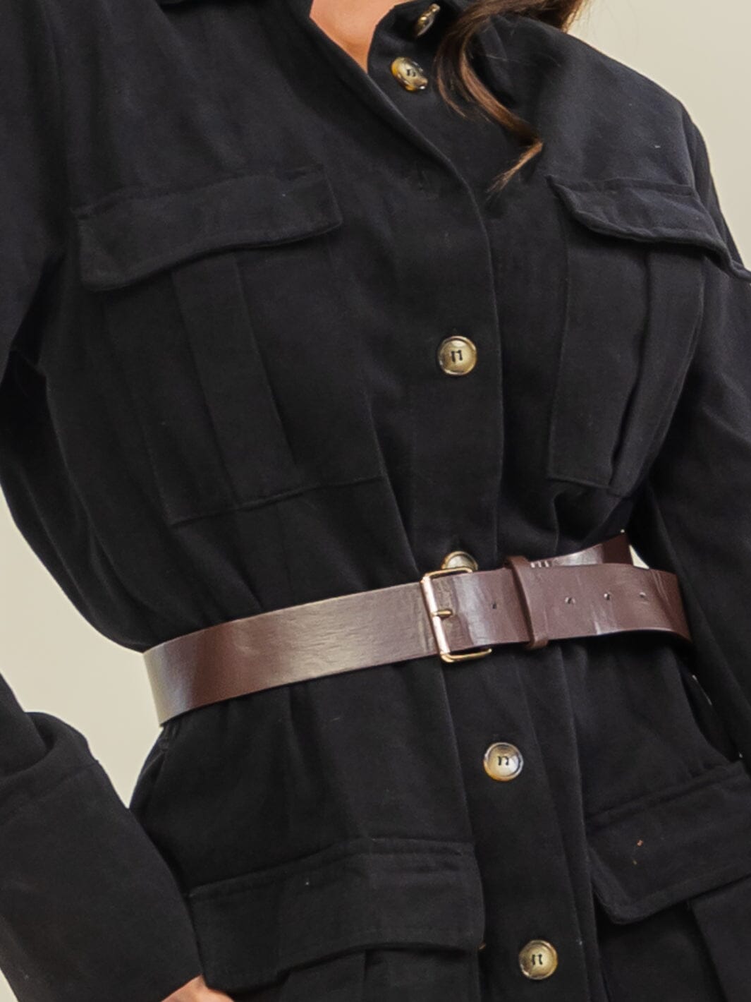 WOMEN'S LONG SLEEVE BUTTON UP FRONT POCKETS BELTED DENIM MINI DRESS
