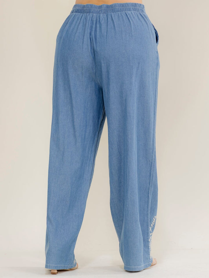 PLUS SIZE ELASTIC WAIST FRONT POCKETS EMBROIDERY WIDE LEG PANTS