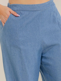 PLUS SIZE ELASTIC WAIST FRONT POCKETS EMBROIDERY WIDE LEG PANTS