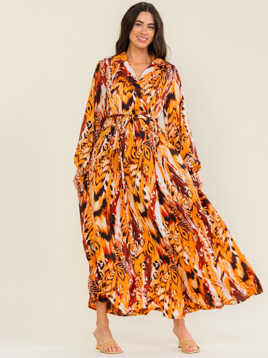 BEULAH WOMEN'S LONG SLEEVE SELF TIE MULTI PRINT WRAP MAXI DRESS