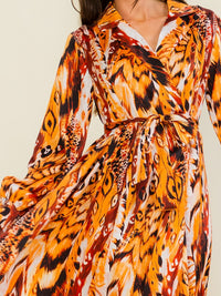 BEULAH WOMEN'S LONG SLEEVE SELF TIE MULTI PRINT WRAP MAXI DRESS