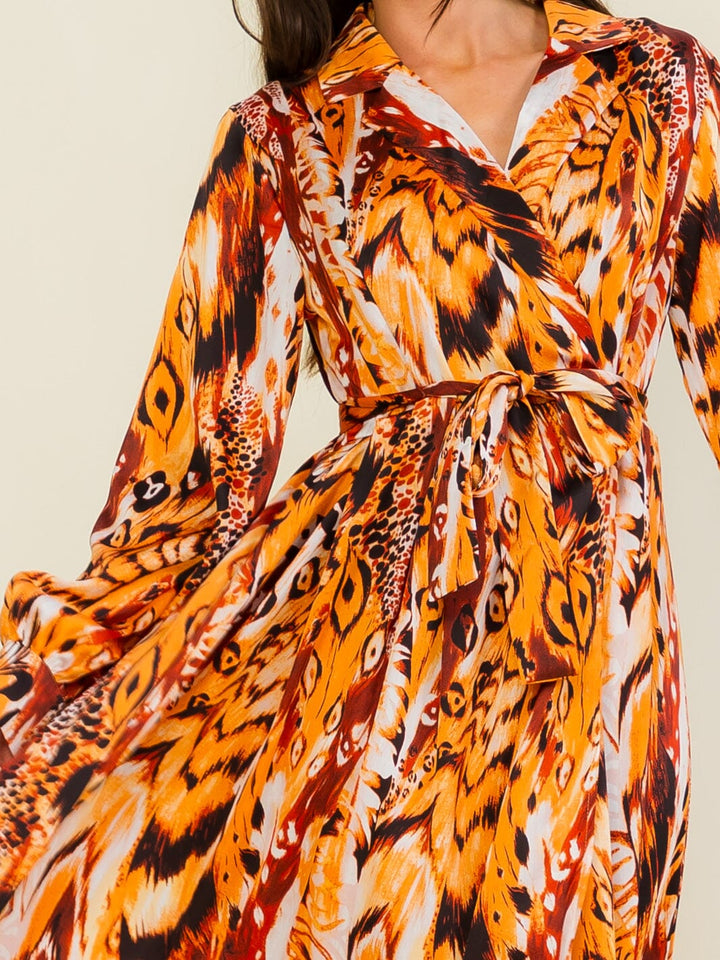 BEULAH WOMEN'S LONG SLEEVE SELF TIE MULTI PRINT WRAP MAXI DRESS