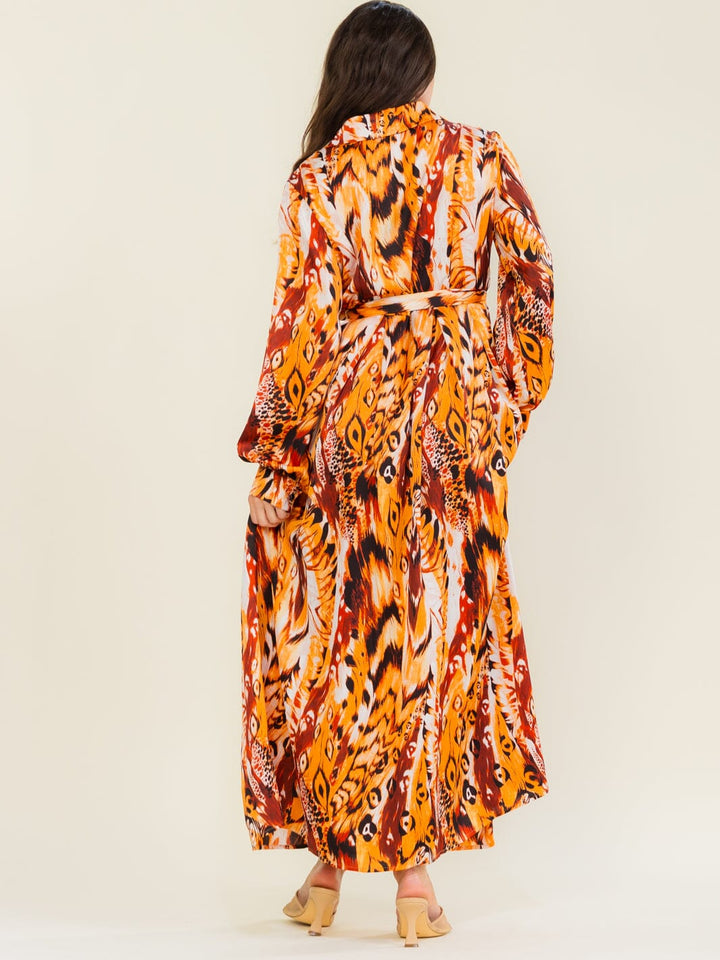 BEULAH WOMEN'S LONG SLEEVE SELF TIE MULTI PRINT WRAP MAXI DRESS