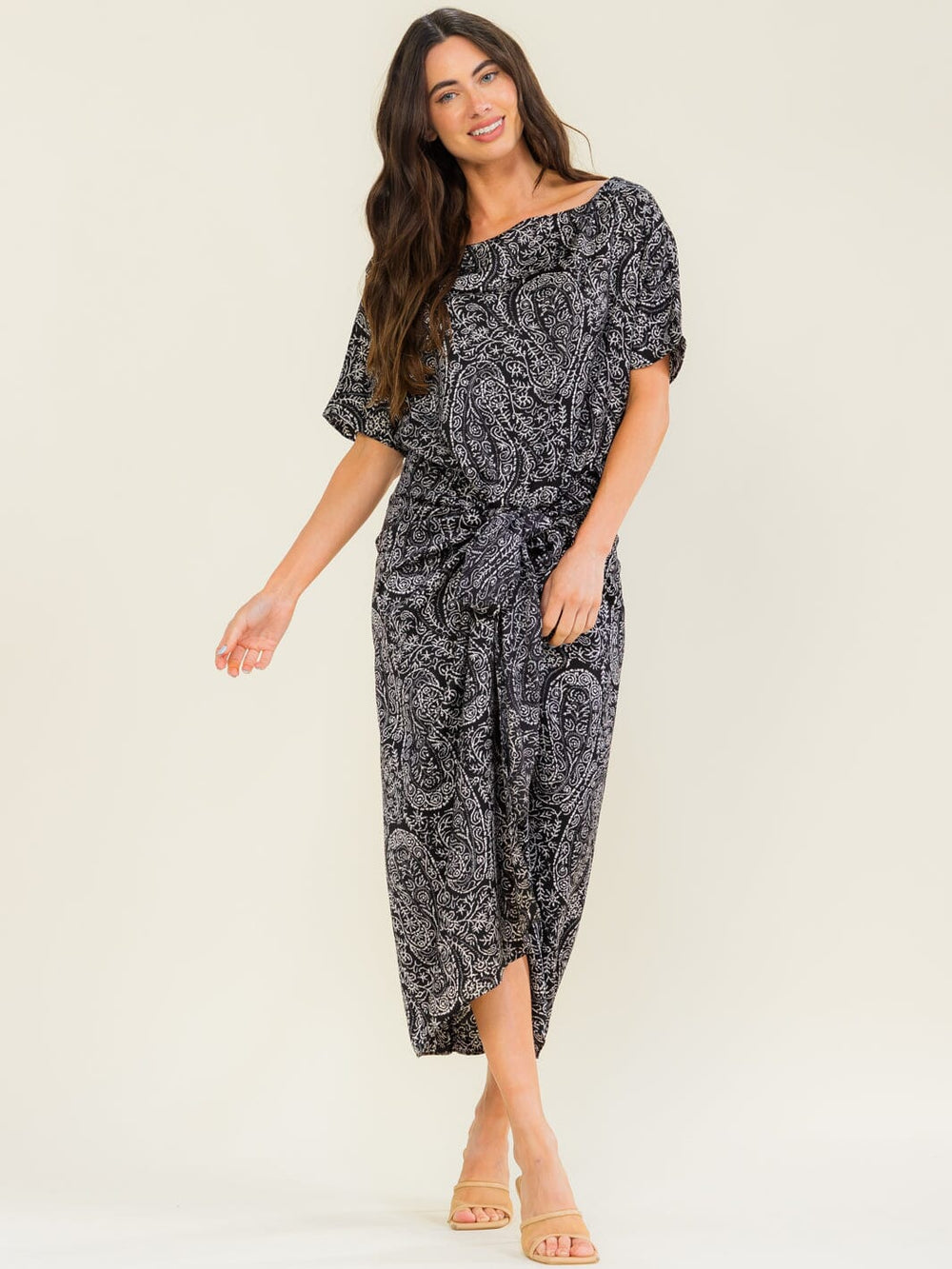 BEULAH WOMEN'S SHORT SLEEVE FRONT TIE MULTI PRINT MAXI DRESS