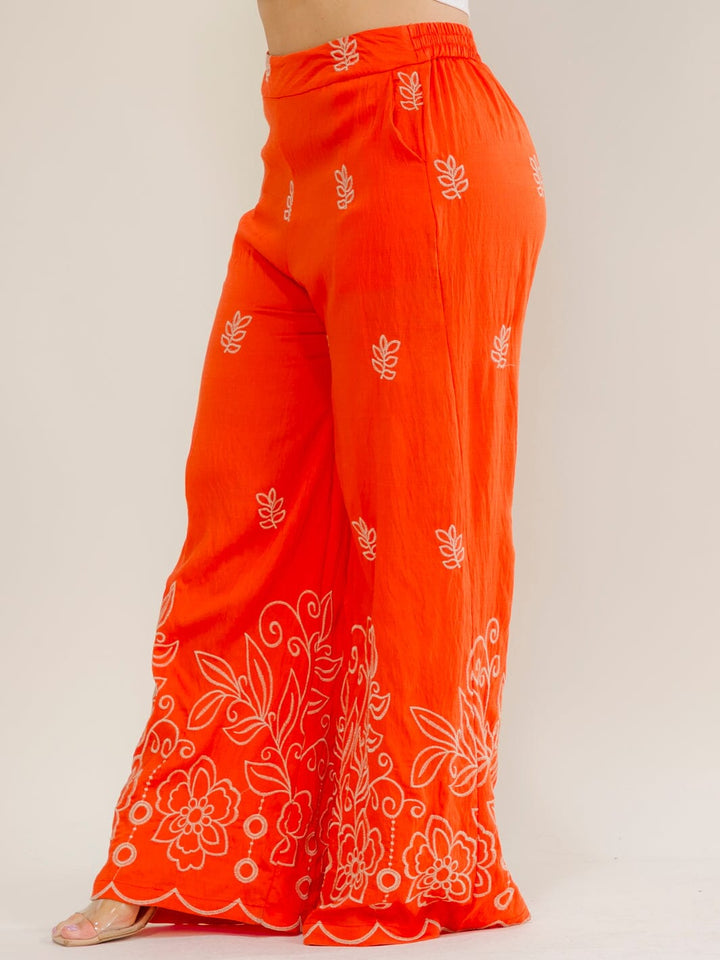 PLUS SIZE ELASTIC WAIST FRONT POCKETS FLORAL EMBROIDERY WIDE LEG PANTS
