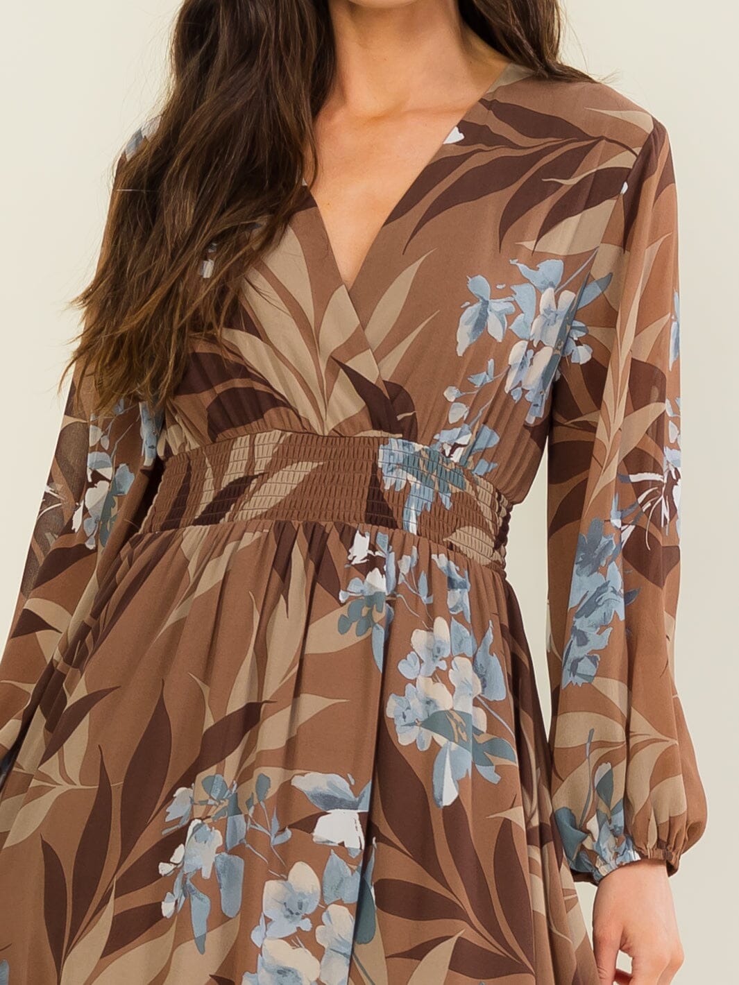 WOMEN'S LONG SLEEVE SURPLICE ELASTIC WAIST FLORAL PRINT MAXI DRESS