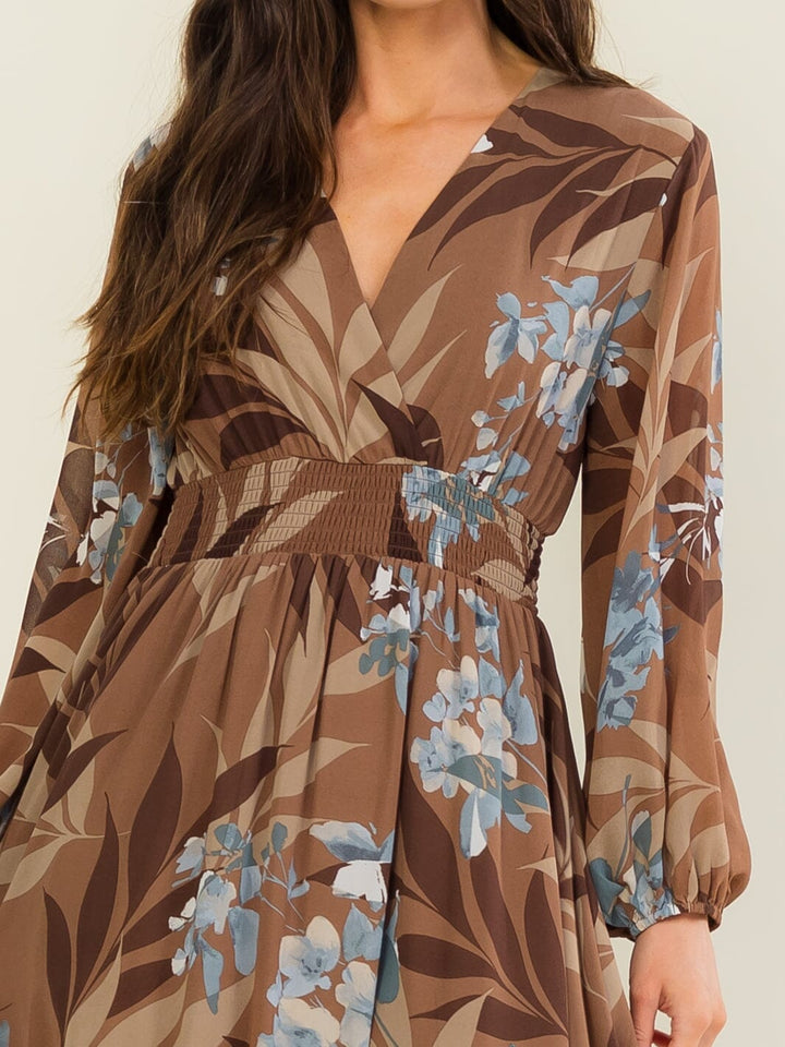 WOMEN'S LONG SLEEVE SURPLICE ELASTIC WAIST FLORAL PRINT MAXI DRESS