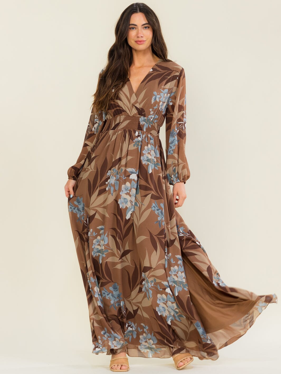WOMEN'S LONG SLEEVE SURPLICE ELASTIC WAIST FLORAL PRINT MAXI DRESS