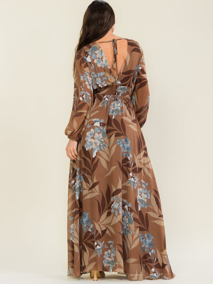 WOMEN'S LONG SLEEVE SURPLICE ELASTIC WAIST FLORAL PRINT MAXI DRESS