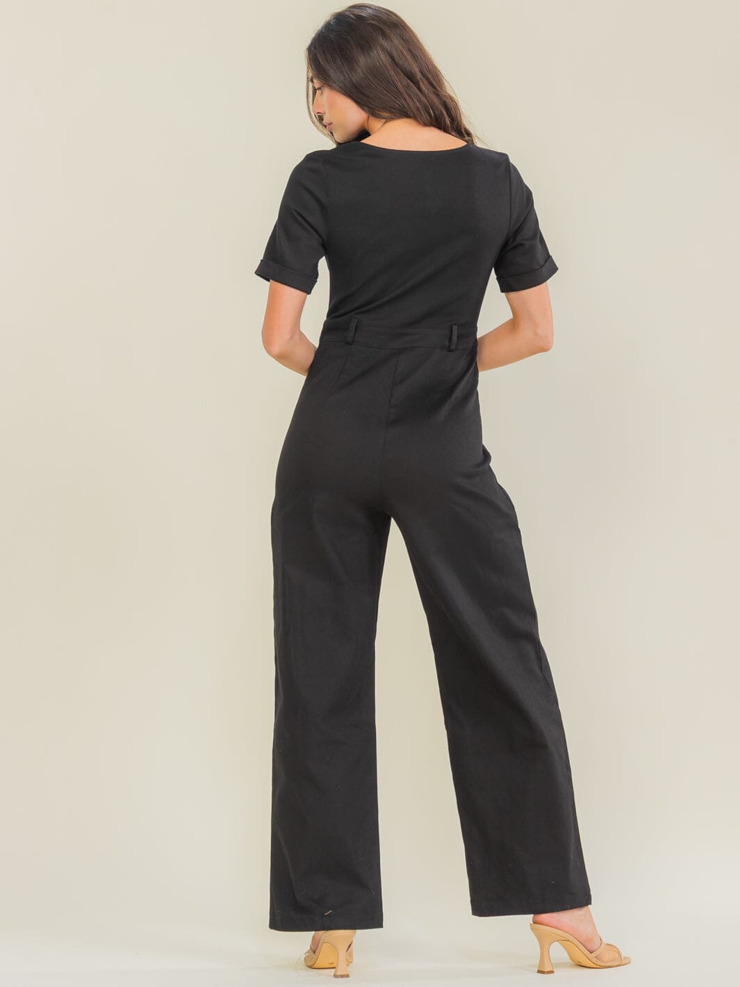 WOMEN'S SHORT SLEEVE V-NECK ZIP UP FRONT POCKETS WIDE LEG STRETCH DENIM JUMPSUIT