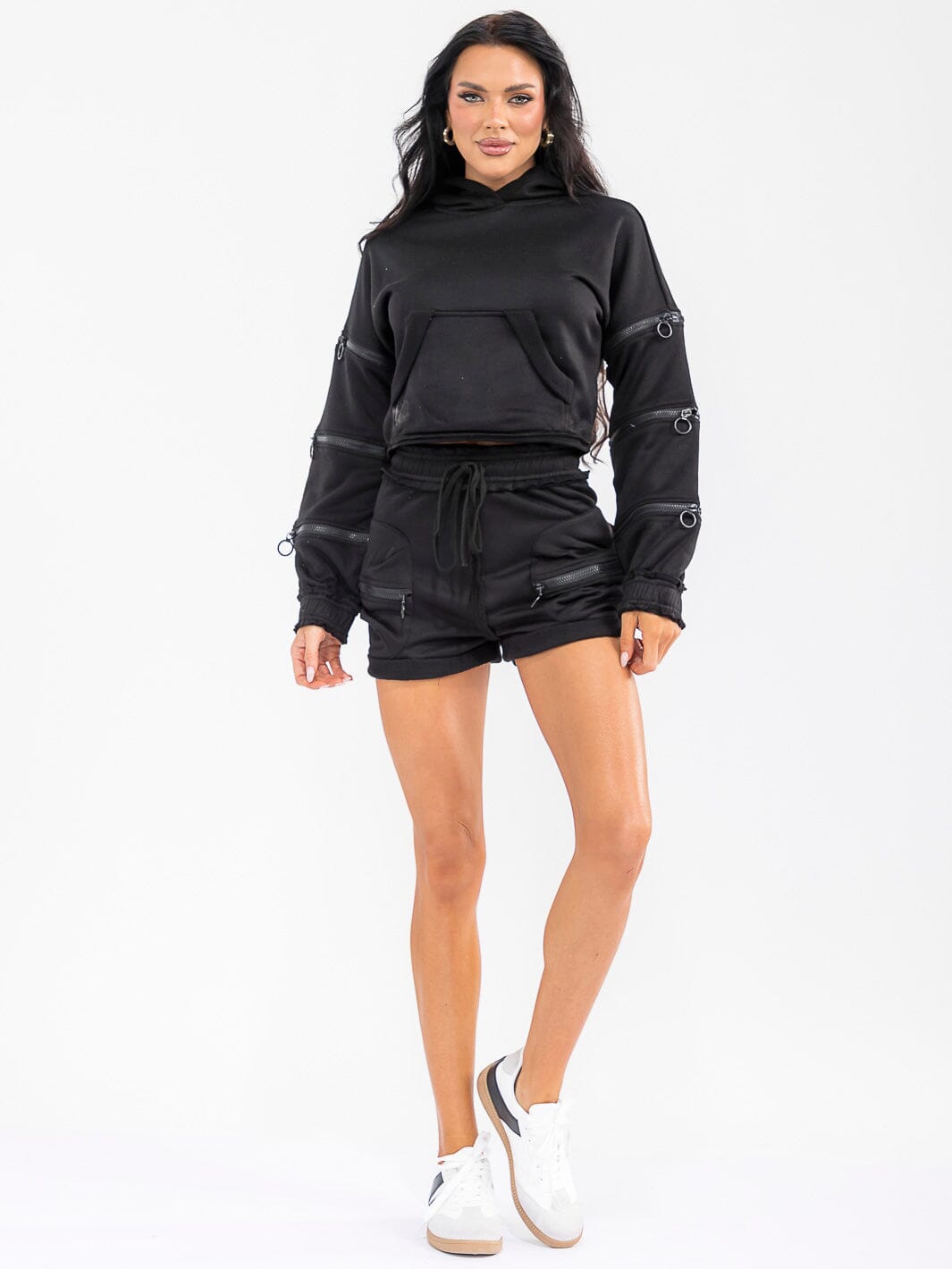 WOMEN'S LONG SLEEVE HOODIE & ELASTIC WAIST SHORTS ZIPPER DETAILED 2PC. SET