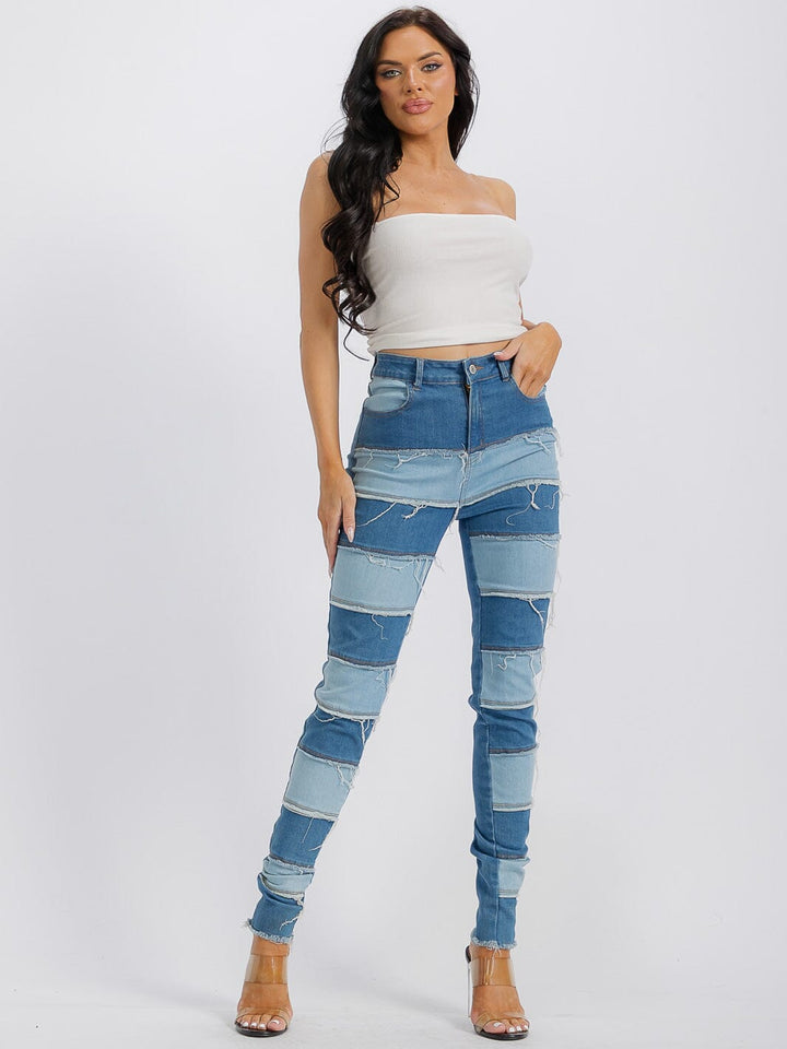 WOMEN'S BUTTON CLOSURE STRETCH TWO TONE DENIM SKINNY PANTS