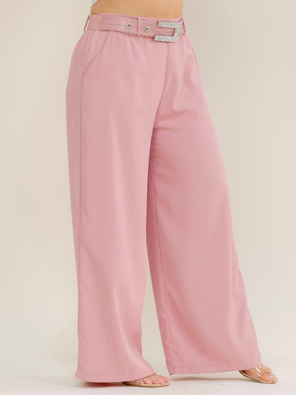 *******PLUS SIZE ELASTIC WAIST FRONT POCKETS BELTED WIDE LEG PANTS
