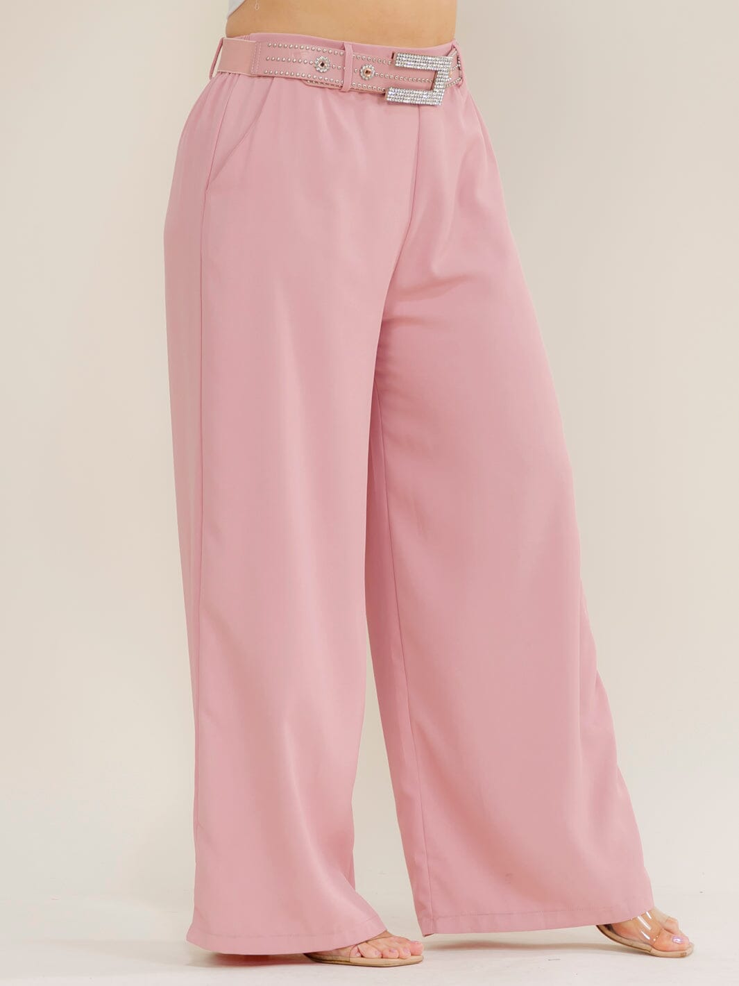 *******PLUS SIZE ELASTIC WAIST FRONT POCKETS BELTED WIDE LEG PANTS