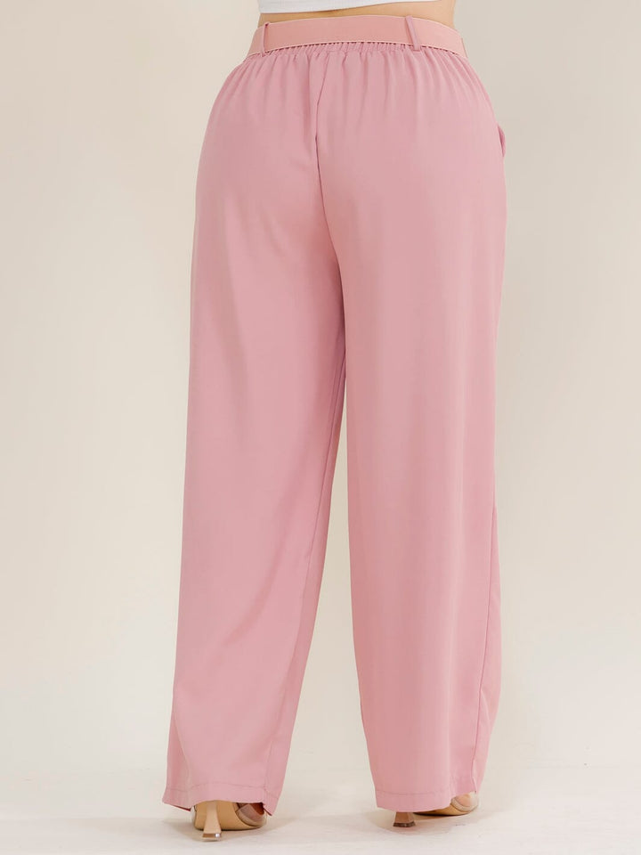 *******PLUS SIZE ELASTIC WAIST FRONT POCKETS BELTED WIDE LEG PANTS