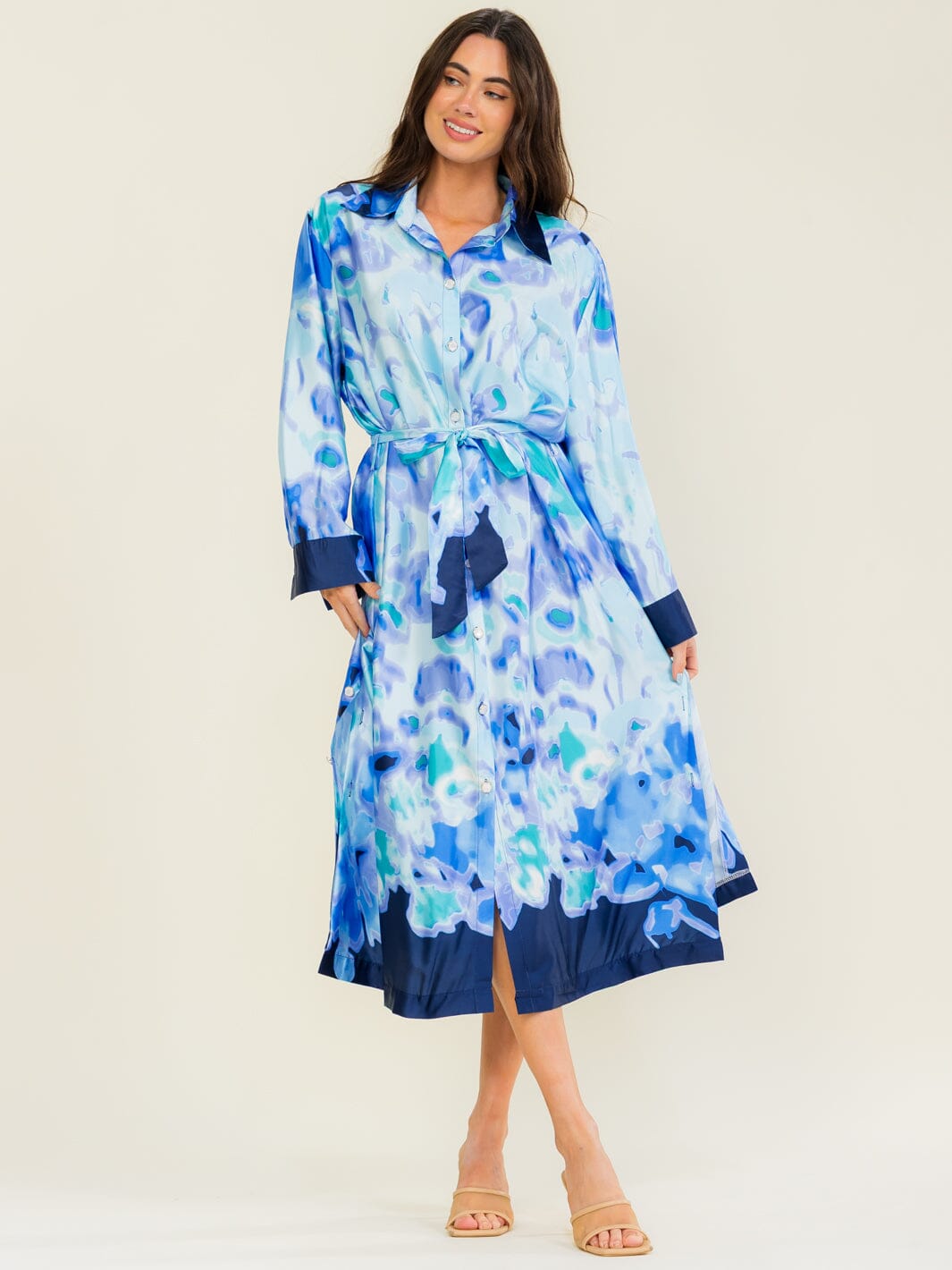 BEULAH WOMEN'S LONG SLEEVE V-NECK BUTTON UP SELF TIE MULTI PRINT MAXI DRESS