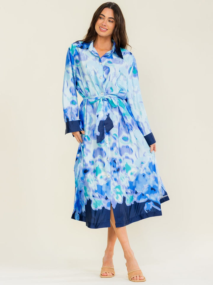 BEULAH WOMEN'S LONG SLEEVE V-NECK BUTTON UP SELF TIE MULTI PRINT MAXI DRESS