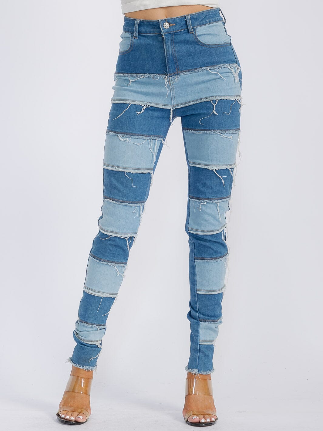WOMEN'S BUTTON CLOSURE STRETCH TWO TONE DENIM SKINNY PANTS