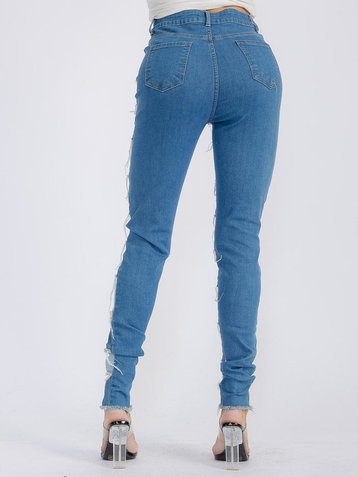 WOMEN'S BUTTON CLOSURE STRETCH TWO TONE DENIM SKINNY PANTS