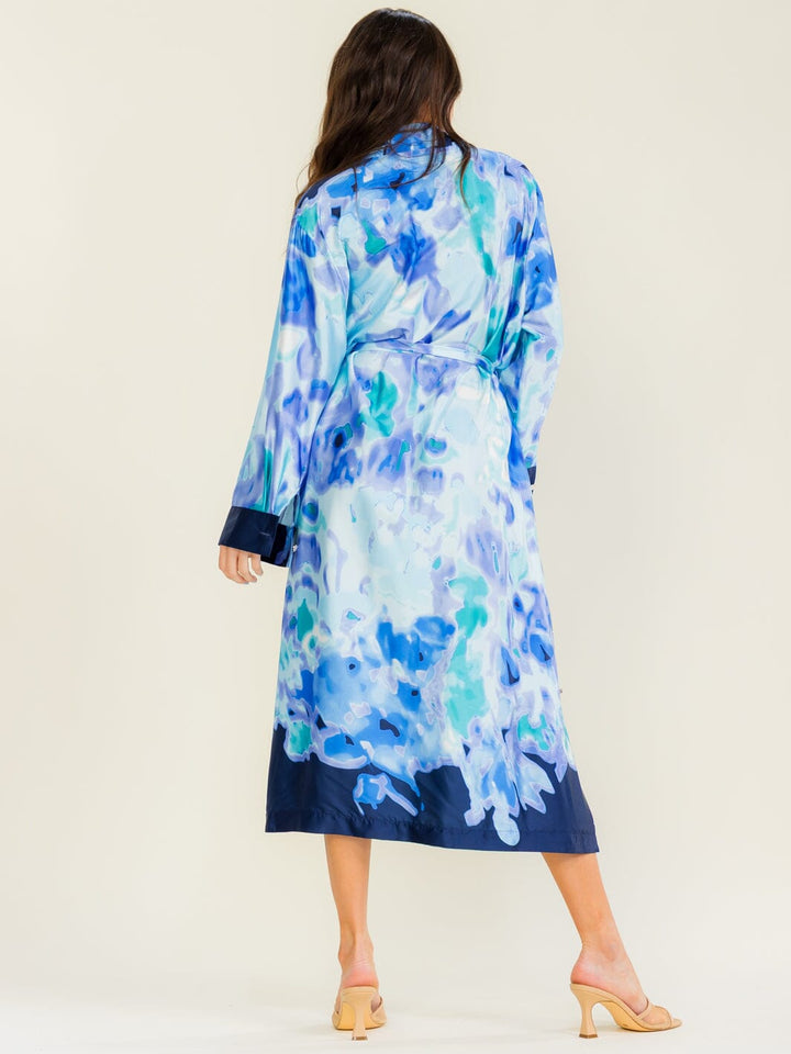 BEULAH WOMEN'S LONG SLEEVE V-NECK BUTTON UP SELF TIE MULTI PRINT MAXI DRESS