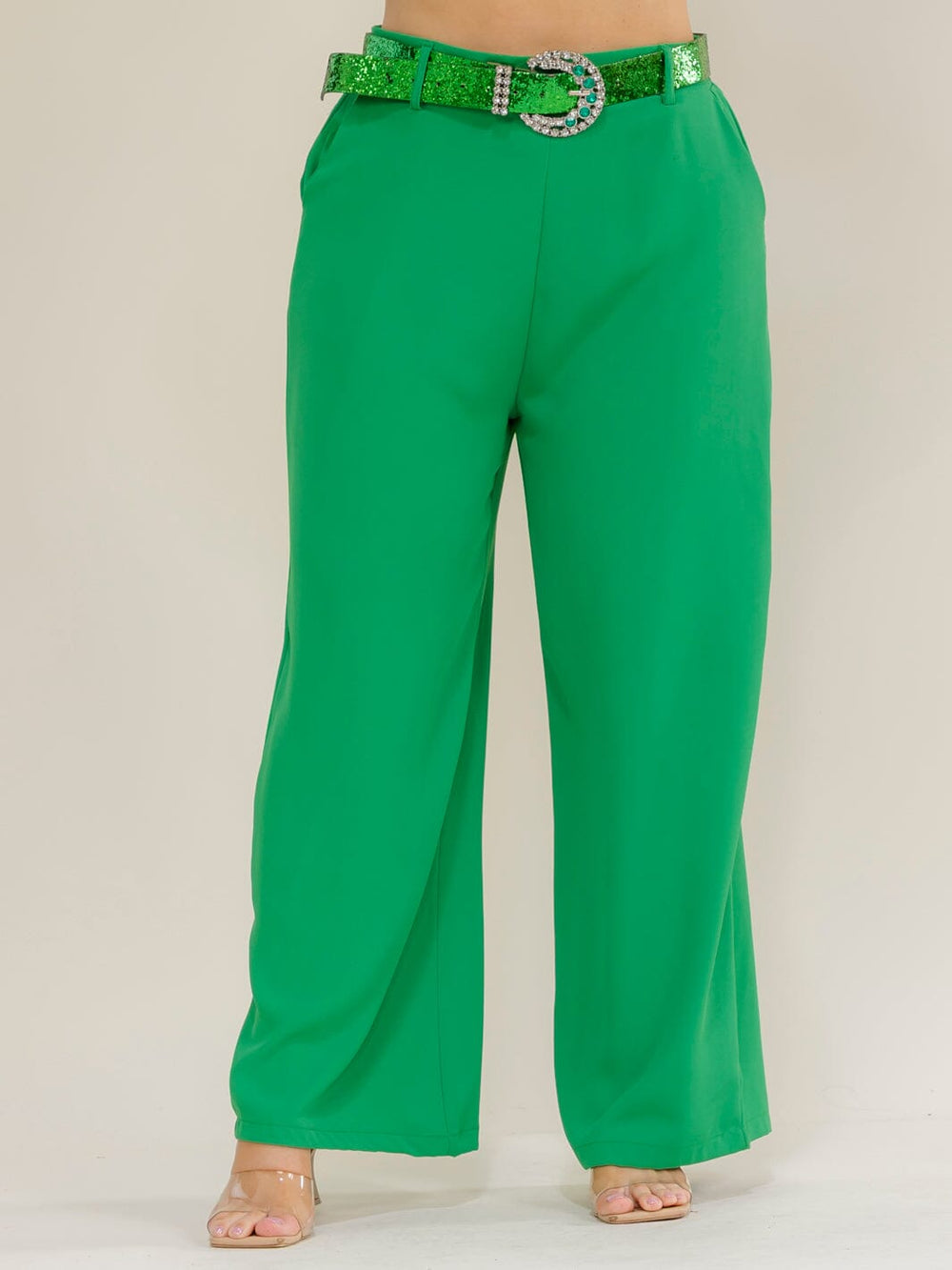 PLUS SIZE ELASTIC WAIST FRONT POCKETS BELTED WIDE LEG PANTS