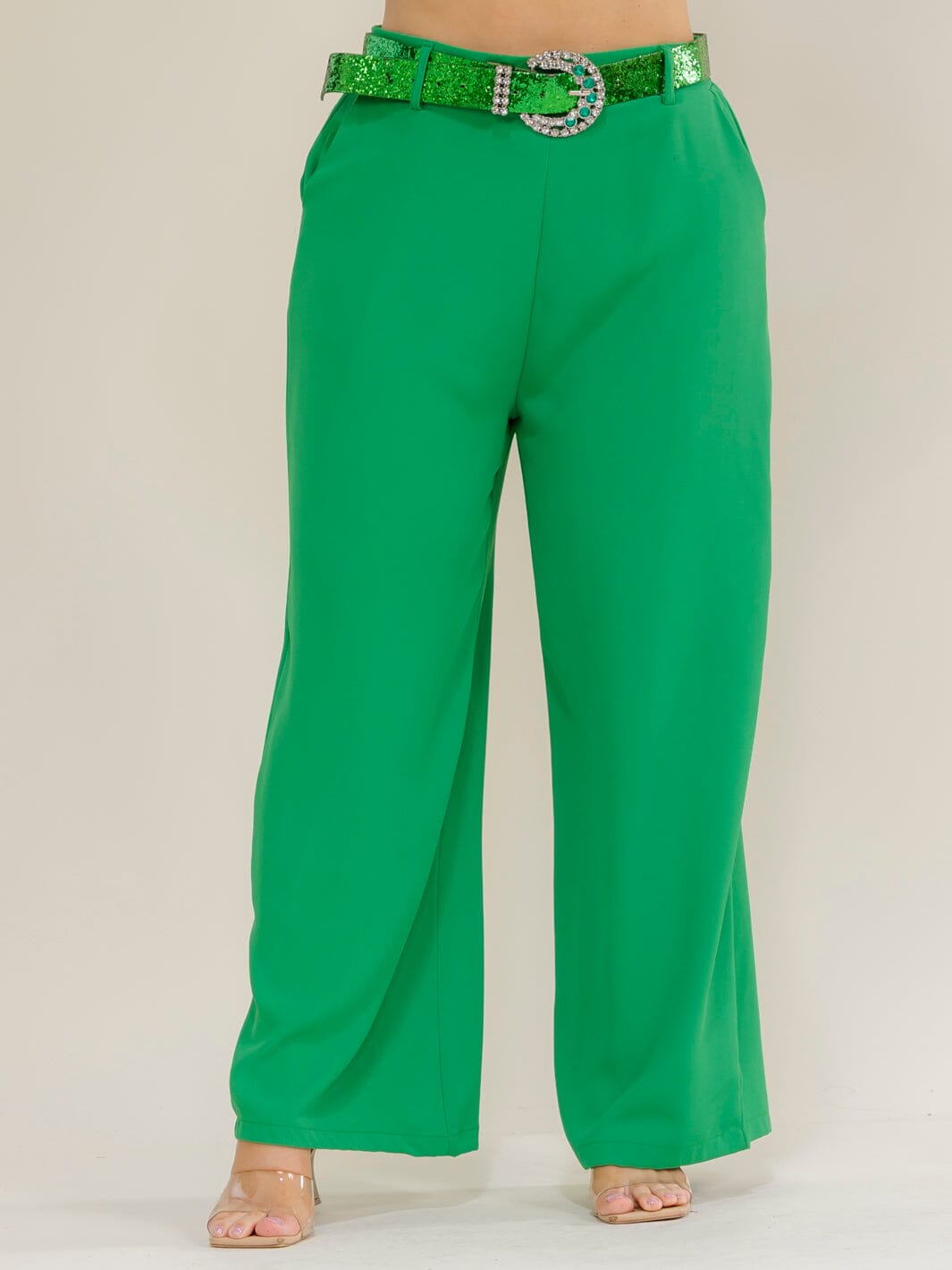 PLUS SIZE ELASTIC WAIST FRONT POCKETS BELTED WIDE LEG PANTS