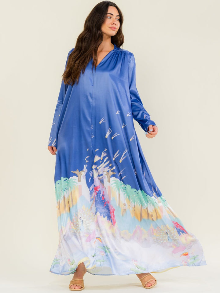 BEULAH WOMEN'S LONG SLEEVE V-NECK BUTTON UP MULTI PRINT MAXI DRESS