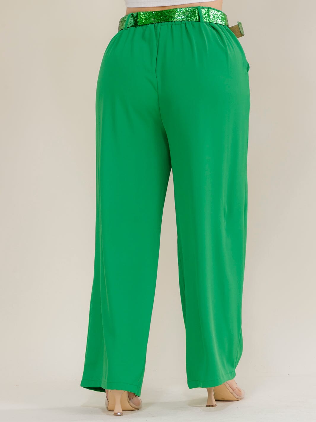 PLUS SIZE ELASTIC WAIST FRONT POCKETS BELTED WIDE LEG PANTS