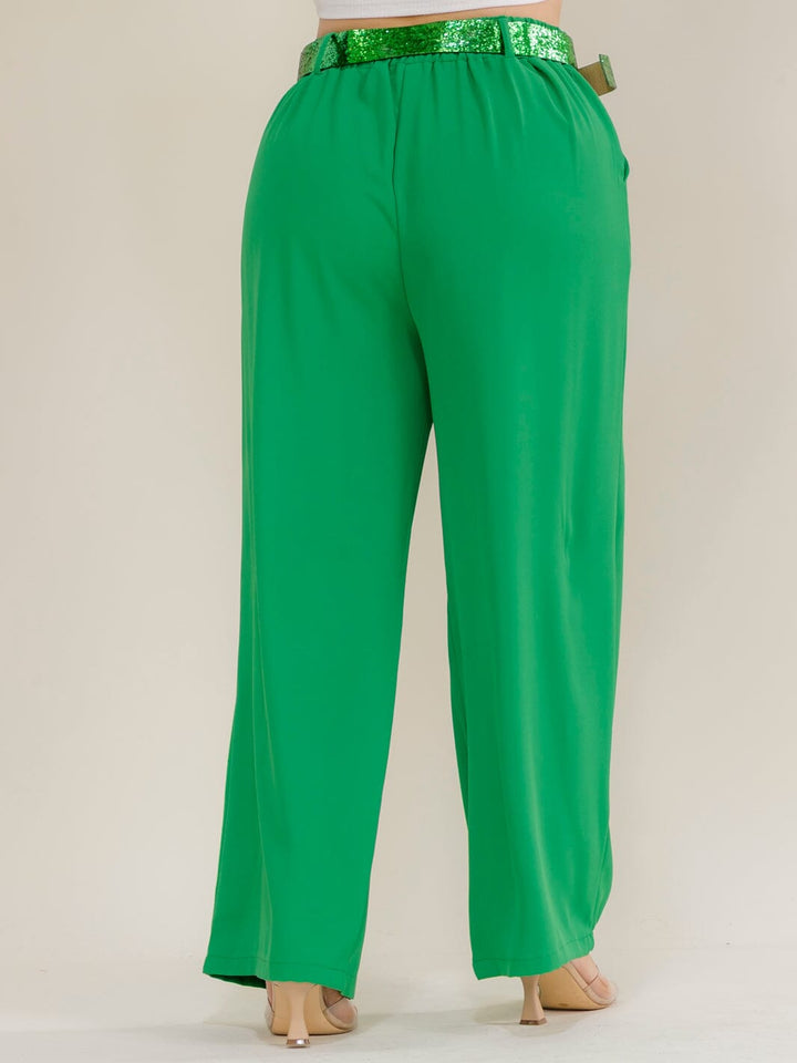 PLUS SIZE ELASTIC WAIST FRONT POCKETS BELTED WIDE LEG PANTS