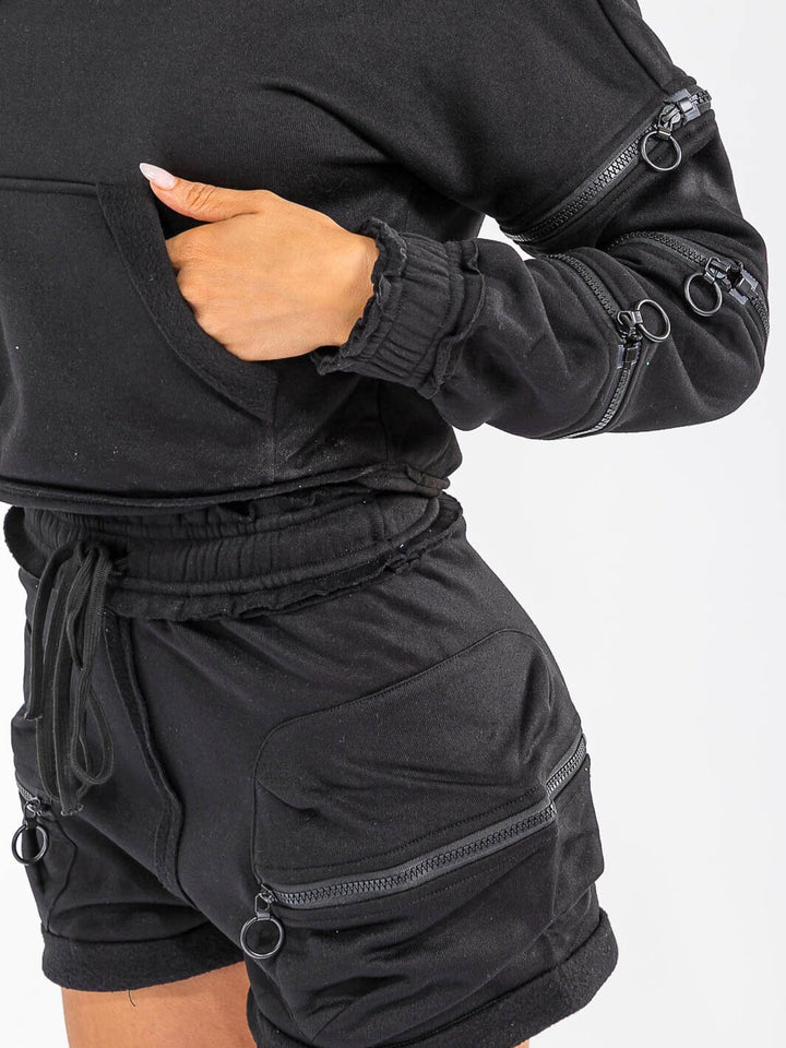 WOMEN'S LONG SLEEVE HOODIE & ELASTIC WAIST SHORTS ZIPPER DETAILED 2PC. SET