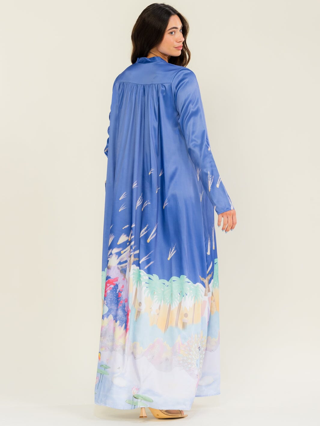 BEULAH WOMEN'S LONG SLEEVE V-NECK BUTTON UP MULTI PRINT MAXI DRESS