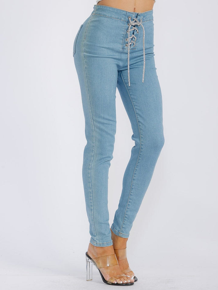 WOMEN'S LACE UP POCKETS DENIM SKINNY PANTS
